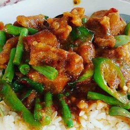 ผัดพริกแกงหมูกรอบ ราดข้าว