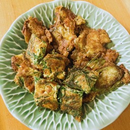 ไข่ทอดชะอม+มะเขือชุบไข่