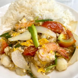 ผัดวุ้นเส้นกุ้ง ราดข้าว
