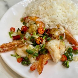 กุ้งคั่วพริกเกลือ ราดข้าว