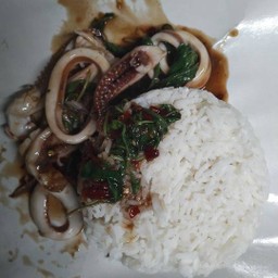 กระเพราปลาหมึกราดข้าว