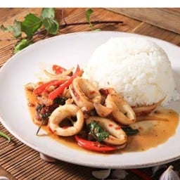 กระเพราปลาหมึกราดข้าว