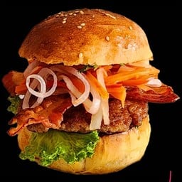 Bahn Mi Burger with pork, pickled veggies, bacon and coriander.