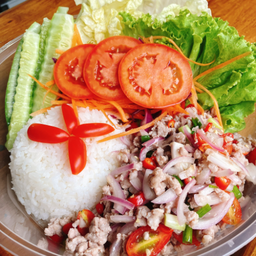 ชุดข้าวยำหมูสับ150gพริกขี้หนูสดแซบสะดุ้ง+ผักสดชุดใหญ่