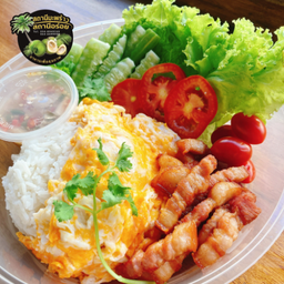 ข้าวไข่ข้นเยิ้มๆ(ไข่3ฟอง)+สามชั้นทอดน้ำปลา150g+พริกน้ำปลา