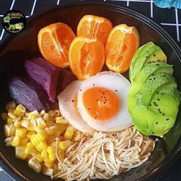 อะโวคาโด้100g+ไข่ดาวชุ่มฉ่ำ2+มันม่วง+ส้มนอก1+เห็ดย่างเนย+ข้าวโพด