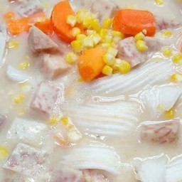 บวชเผือก+มันแครอท+ข้าวโพด+เนื้อมะพร้าวอ่อน