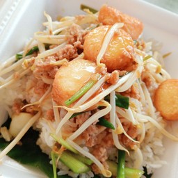 ข้าวราดผัดถั่วงอกเต้าหู้หมูสับ
