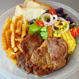 สเต็กเนื้อริบอายโคขุนย่างเนย+เฟร้นฟราย+ขนมปังปิ้งรวมผักสลัด