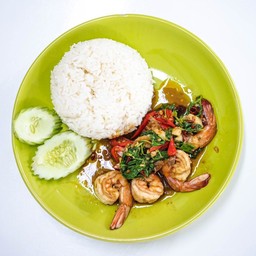 [อร่อยซ่ากับโค้ก] ข้าวกะเพรากุ้ง +  โค้ก ออริจินัล (กระป๋อง)