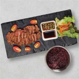 Crispy Pork Collar Steak with Spicy & Sweet Fish Sauce Dips and Rice
