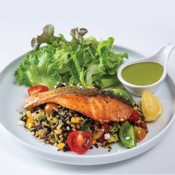 Quinoa Pesto Salad with Grilled Salmon Kirimi and Sweet Basil Dressing