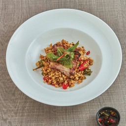 Stir-fried Cauliflower Rice with Kaprao and Grilled Pork