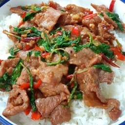 กะเพราหมูทอด ราดข้าว