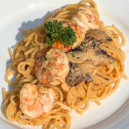 สปาเก็ตตี้ซอสครีมกุ้งเห็ดแชมปิญอง (เปลี่ยนเนื้อสัตว์ได้)