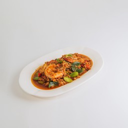 กุ้งผัดเผ็ดสะตอหมูสับ