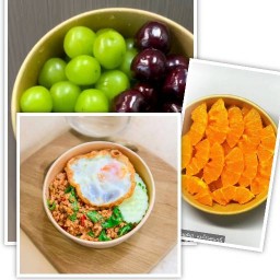 กระเพราพริกแห้ง และผลไม้ปอกพร้อมทาน