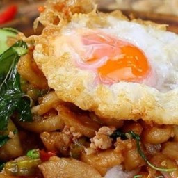 Crispy Pork Belly With Basil And Fried Egg