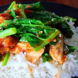 ผัดคะน้าหมูกรอบราดข้าว