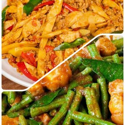 ผัดพริกแกง ถั่ว /หน่อไม้ ราดข้าว