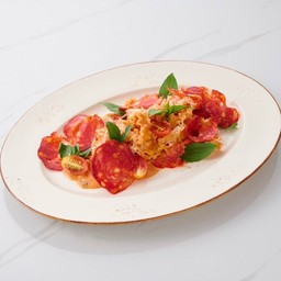 Spicy pink sauce pasta with Spainish Chorizo