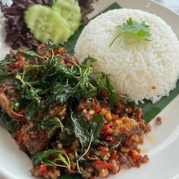 ข้าวกระเพราเนื้อไข่เยี่ยวม้า