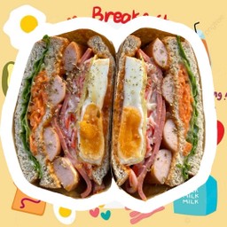 Korean Sandwich, Traditional Pizza (Sausage, Imitation Crab, Bologna, Egg, Cheese, Salad Vegetables)