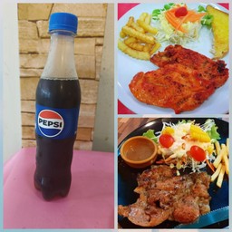 สเต็กสันคอหมูกับสเต็กไก่สไปซี่+เป๊ปซี่