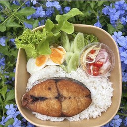 ข้าวปลาอินทรีย์ทอดราดน้ำปลา ไข่ต้มทานกับน้ำยมะม่วง