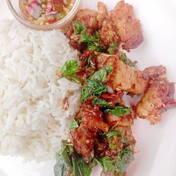 กะเพราหมูกรอบราดข้าว