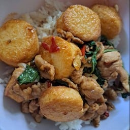 กะเพราหมูเต้าหู้ทอดราดข้าว