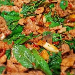 ผัดกระเพราหมูชิ้น ราดข้าว