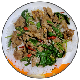 กระเพราหมูหมักราดข้าว (Stir-Fried Basil with Marinated pork on Rice)
