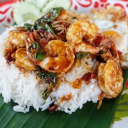 กะเพราถาดกุ้ง+ไข่ดาว