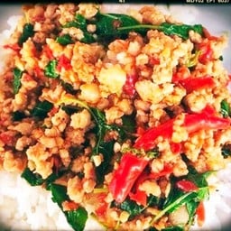 กะเพราหมูสับราดข้าว