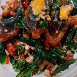 ผัดกะเพราหมูสับไข่เยี่ยวม้าราดข้าว