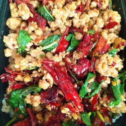 Stir Fried Basil With Dried Chili And Minced Pork On Rice