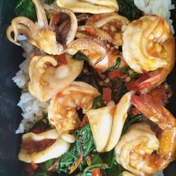 Rice Topped With Stir-Fried Shrimp, Squid And Basil