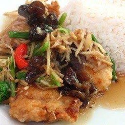 ข้าวราดปลาผัดขิง