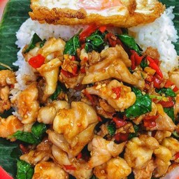 กระเพราเอ็นไก่ราดข้าว