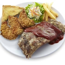 สเต็กซี่โครงหมูBBQ+ไก่ชุบเกล็ดขนมปังทอด