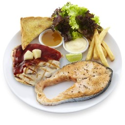 สเต็กปลาแซลมอน+ไก่ฮิบาชิ