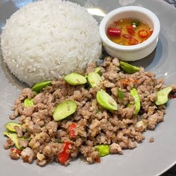 หมูสับผัดสะตอราดข้าว