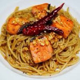 Spaghetti With Dried Chili And Grilled Salmon