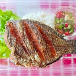 ข้าวปลานิลทอด(ตัว) โรยกระเทียม