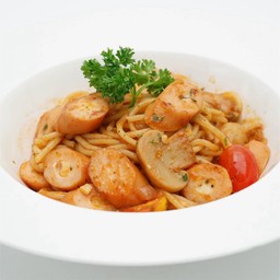 สปาเก็ตตี้ไส้กรอกไก่&เห็ดซอสมะเขือเทศ Spagetthi Chicken Sausage Mushrooms Tomato Sauce
