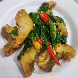 กระเพราปลากระพง ราดข้าว