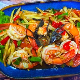 ตำกุ้งสุก+เส้นมะละกอ ปูปลาร้า