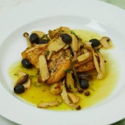 Oven Baked Fillet Sea Bass with Mushroom Black Olive in White Wine Sauce