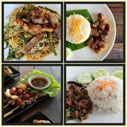 หมี่กระเฉดเนื้อ+กระเพราเนื้อสับ+เนื้อย่างเสียบไม้ ฟรีโตีแป้งนุ่ม